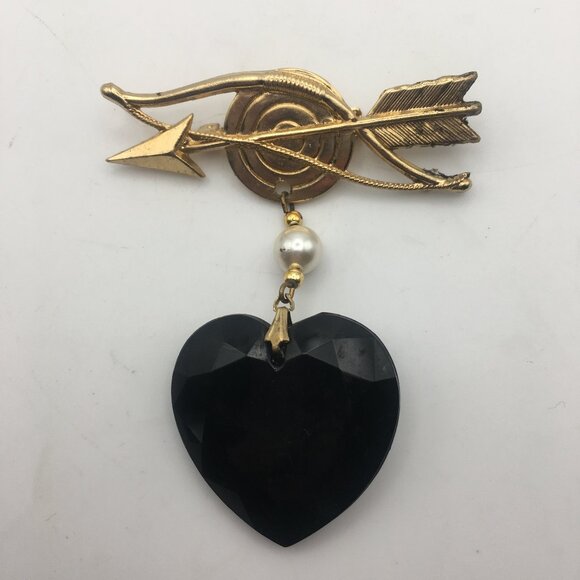 unbranded Jewelry - Cupid Bow Ribbon Brooch Pin 3" Dangle Heart Black Vintage Gold Tone Pearl